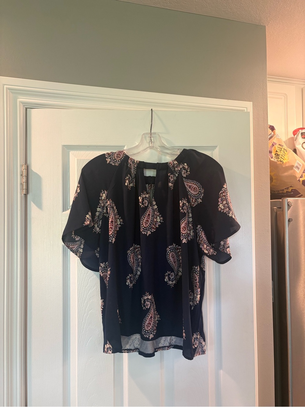 LOFT Navy Paisley Flutter Sleeve Blouse with Pink Accents